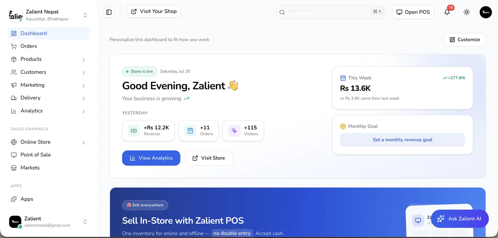 Real Zalient Shop dashboard showing revenue, orders, visitors, analytics, POS and business controls