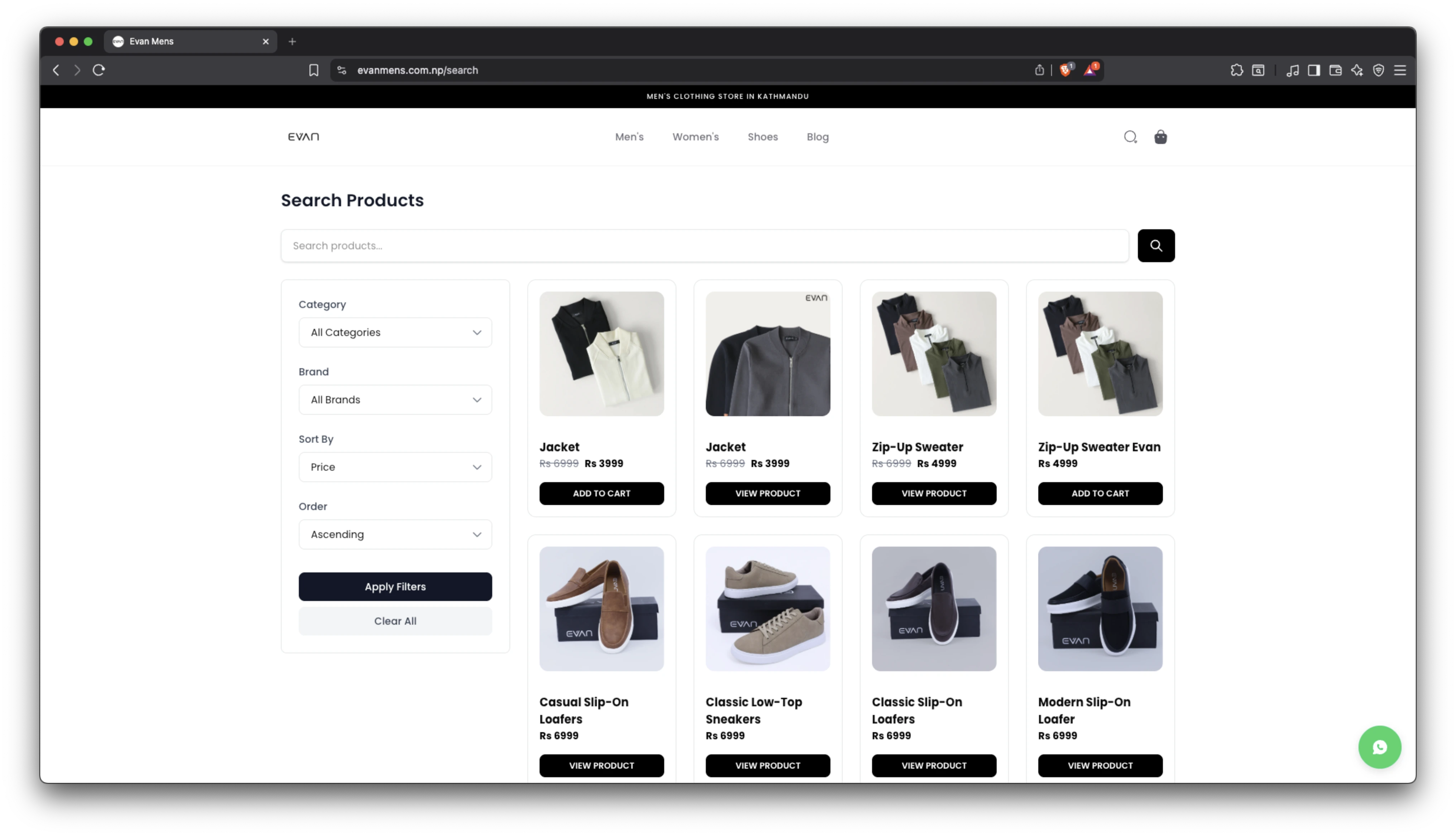Evan Mens storefront built with Zalient